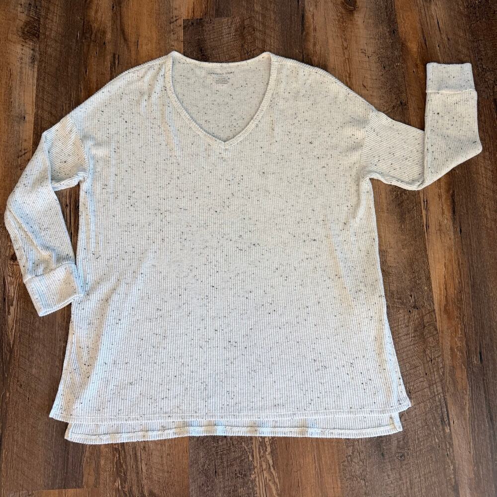 American Eagle Marled Ribbed V-Neck Long Sleeve Top M Gray White Soft
